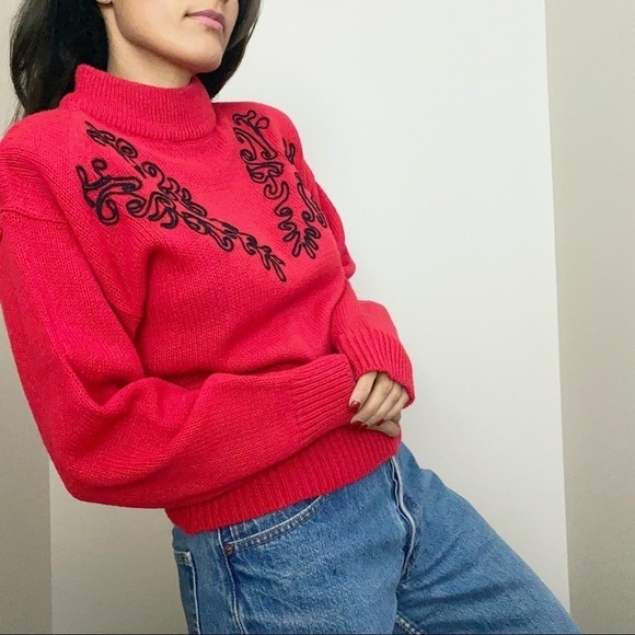 Vintage 80s Retro Knit Padded Shoulder Sweater Red - Picture 1 of 8
